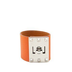 HERMES Orange and Silver Leather Cuff Bracelet